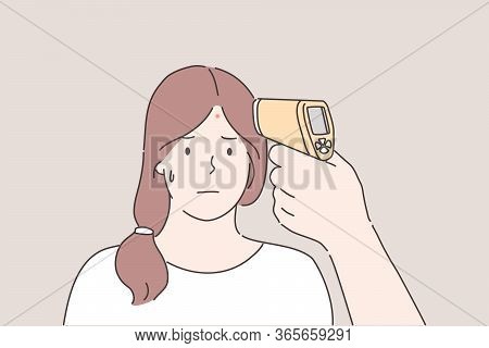 Temperature Measurement, Medicine Concept. Young Woman Or Girl Cartoon Character Measured Heat By Me