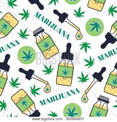 Marjuana Oil Seamless Pattern. Dropper Bottle With Pipette And Drop Hemp Oil. Hash Cannabis Oil. Vec