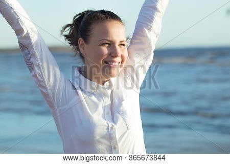 Beautiful Happy Cheerful Girl, Positive Young Successful Woman In White Shirt Having Fun, Celebratin