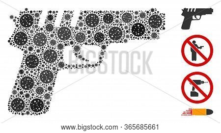 Mosaic Pistol Gun Composed Of Flu Virus Icons In Variable Sizes And Color Hues. Vector Infection Ite