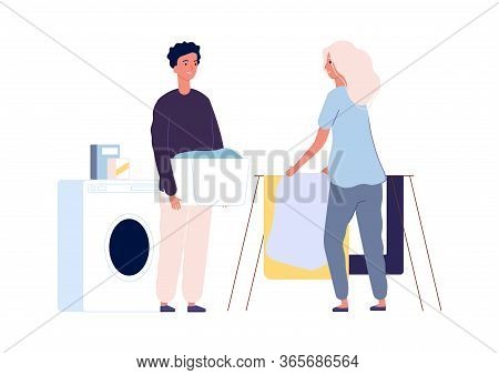 Laundry Time. Couple Make Washing Clothing. Happy Man And Woman In Bathroom With Wash Mashine Vector