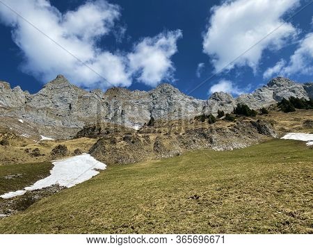 Alpine Peaks Selun And Frümsel (fruemsel Oder Frumsel) In The Churfirsten Mountain Range, Between Th