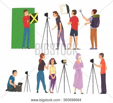 Bloggers Streaming Online Set, Cameraman, Soundman And Light Technician Recording Video, Social Medi