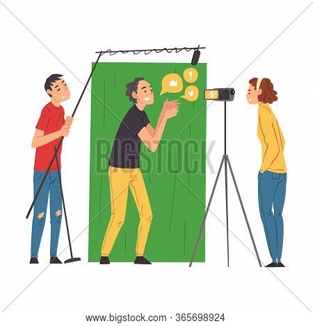 Male Blogger Streaming Online, Cameraman And Soundman Recording Video And Sound With Camera And Micr
