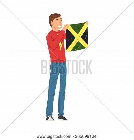Young Man Showing Jamaica Flag, Blogger Streaming Online Cartoon Vector Illustration