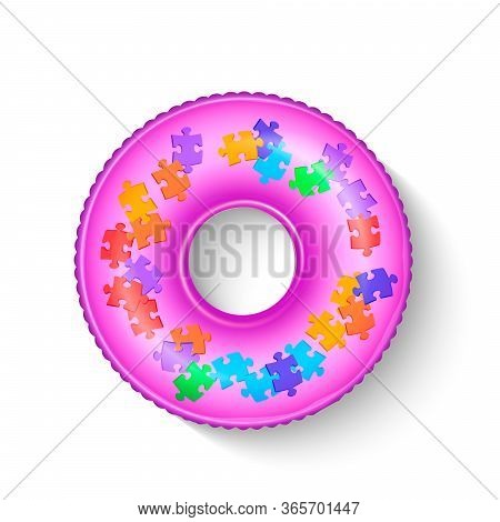 Realistic Beautiful Swimming Inflatable Circle With Pattern Of Colored Puzzles. Pool Float. Inflatab