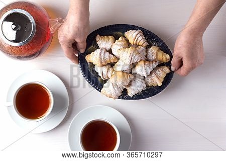 Female Hands Put On The Table Baked Bagels From Cottage Cheese Dough