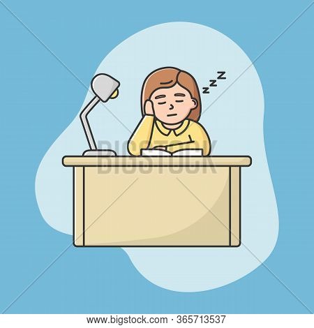 Concept Of Self Education And Gaining Knowledge. Fatigued Girl Is Sitting At The Desk With Lamp. Pro