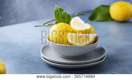 Fresh Sicilians Lemons In The Ceramic Bowl, Selective Focus Image And Slider Format