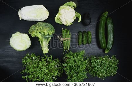 Green Vegetables And Microsprouts As A Healthy Eating Concept Of Fresh Garden, Produce Organically G