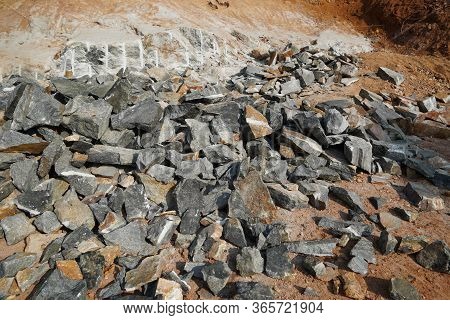 Pile Of Rocks I.e. Lithium Mining And Natural Resources Like Limestone Mining In Quarry. Natural Zeo