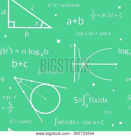 A Pattern With Mathematical Formulas. Algebra And Geometry In White Chalk On A Green Background. Vec
