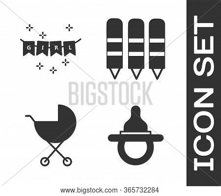 Set Baby Dummy Pacifier, Carnival Garland With Flags, Baby Stroller And Wax Crayons For Drawing Icon
