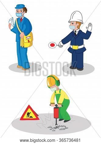 Postman, Warden And Building Contractor, People Woth Protection Masks. Set Of Illustrated Jobs, Vect