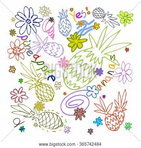 Set Of Colorful Pineapples, Simple Doodles, Flowers As Pattern, Vector Illustration With Contour Lin