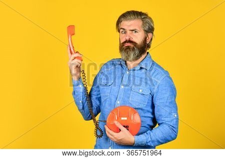 Outdated Technology. Manager Phone Dialog Communication. Answering Machine. Bearded Hipster Man Phon