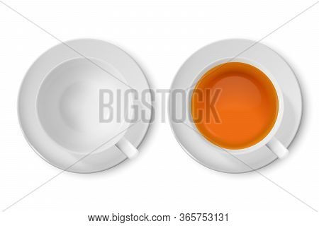 Vector 3d Realistic White Porclean, Ceramic Empty Tea Cup, Mug And With Black Or Red Tea Closeup Iso