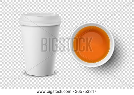 Vector 3d Realistic White Paper Or Plastic Disposable Tea Cup With Black Or Red Tea Closeup Isolated