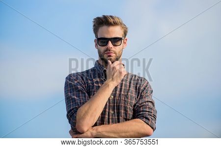 Guy Wear Casual Outfit. Macho Man Unshaven Face. Male Fashion Style. Looking Very Trendy. Sexy Man S
