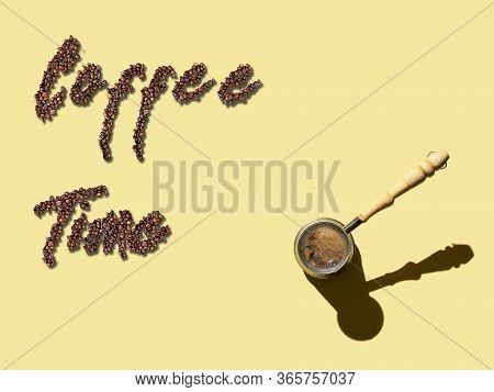 Turkish Coffee Pot On Yellow Background. With Text
