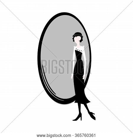 Retro Woman In Trendy 10s Style In Front Of A Mirror. Vector