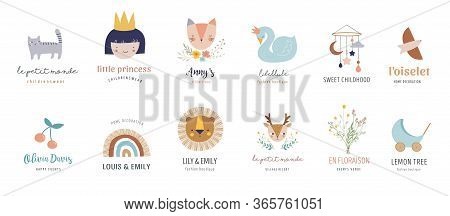 Baby Logos, Icons, Children Room, Nursery Decoration In Pastel Colors. Vector Illustrations In Retro