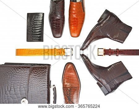 Сlassic Men's Reptile Skin Leather Shoes, Wallet, Trouser Belts And Briefcase Isolated On White Back