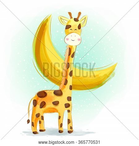 Cute Giraffe With Beautiful Moon Watercolor Illustration Design