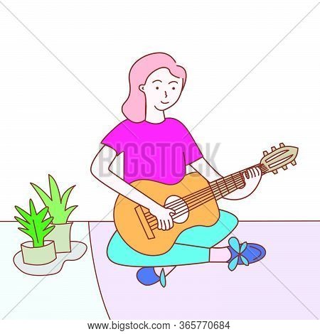 Cute Women Playing Guitar Illustration, Design - Vector