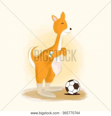 Cute Kangaroo Plays Soccer Design Template, Illustration