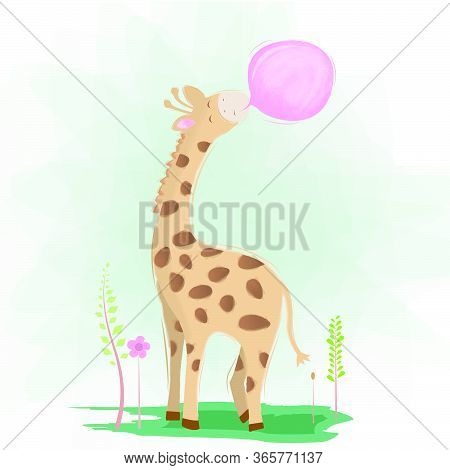 Cute Giraffe With A Bubble Gum Design Illustration