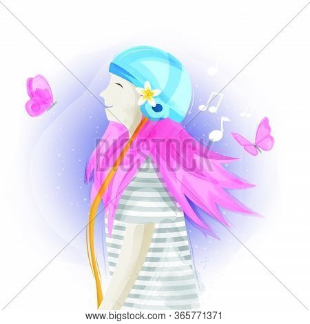 Cute Women Hearing Music Illustration Design Vector