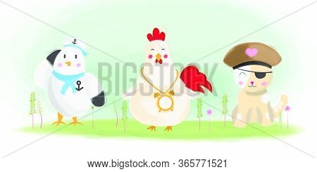 Cute Animals Illustration Bird, Chicken And Cat Watercolor
