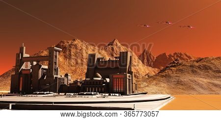 Mars Landscape 3d Illustration - Three Spacecraft Fly Near An Installation Habitat On The Red Planet