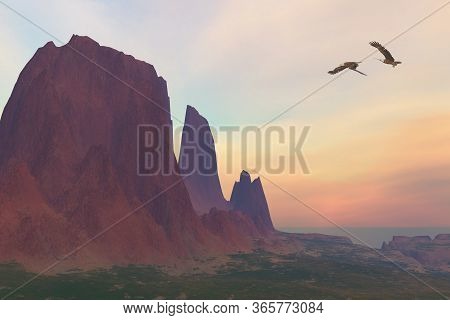 Mountain 3d Illustration - Two Bald Eagles Fly Near A Desert Mountain In The Southwest Of The United