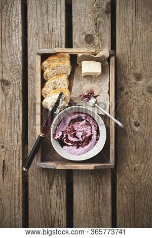Breakfast In Rustick Dtyle. Wooden Tray With Cottage Cheese With Berries, Bread And Butter. Top View