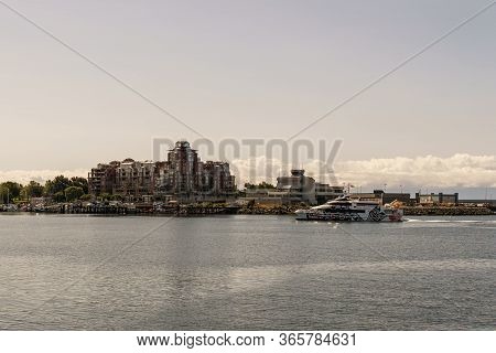 Victoria, Canada - July 14, 2019: New High Speed Luxury Passenger Ferry Arriving To Victoria Harbour