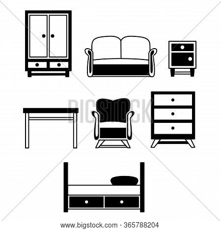 Furniture In 2d Black And White. Hand Draw. Vector