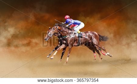 Two Racing Horses Neck To Neck In Fierce Competition For The Finish Line