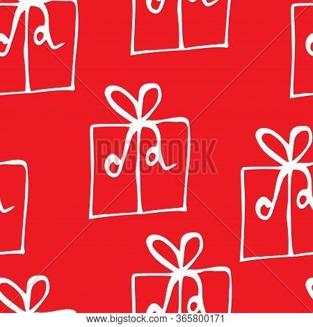 Vector Seamless Pattern Of Sketch Gift Boxes On Red Background.vector Seamless Sketch Pattern Of Gif
