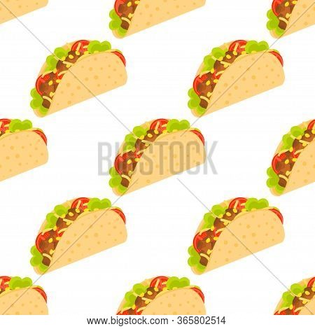 Tacos Seamless Pattern. Mexican Taco In Wheat Tortillaon. Traditional Tacos Isolated On White Backgr