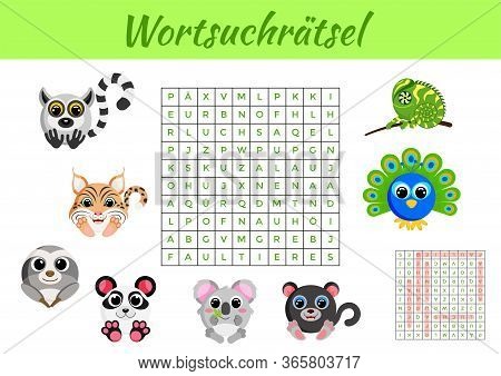 Wortsuchrätsel - Word Search Puzzle. Clip Cards Game Template. Kids Activity Worksheet Colorful Prin