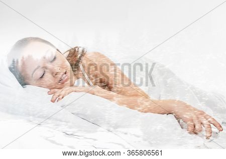 Sleeping Young Beauty Girl On Bed With Phone With Lightgray Background, Double Multiple Exposure Eff