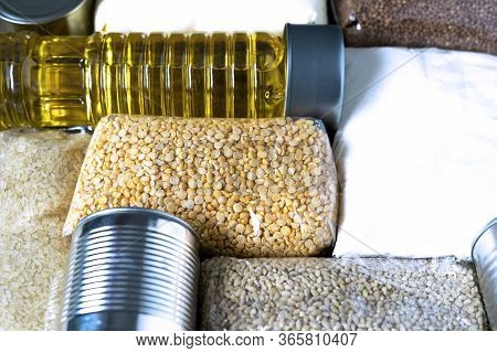 Food For Donating. Healthy Food For Food Delivery. Set Of Raw Cereals, Grains And Canned Food. Flat 