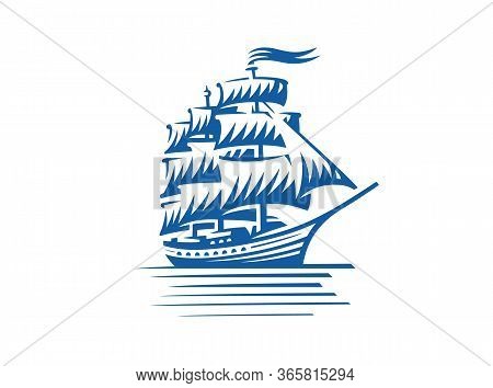 Blue Vintage Sailing Ship. Seafaring, Sailer Concept. Vector Illustration
