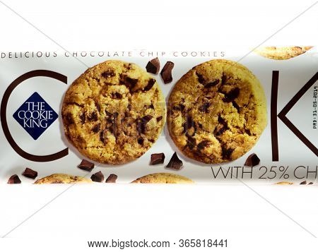 GOMEL, BELARUS - MAY 7, 2020: Cookies Merba homemade cookies with pieces of chocolate 