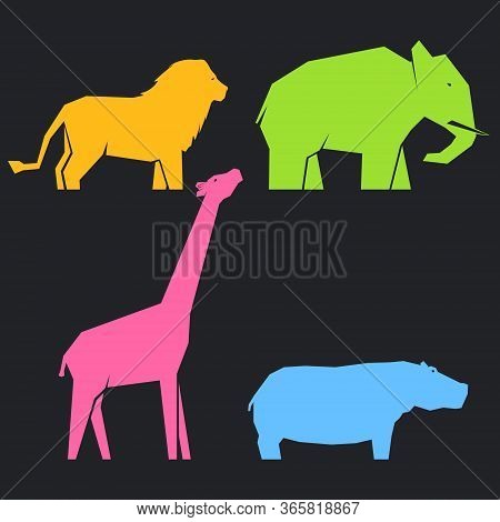 Set Of Multi-colored African Animals In Different Poses On A Dark Background, Lions And Hippos, Elep