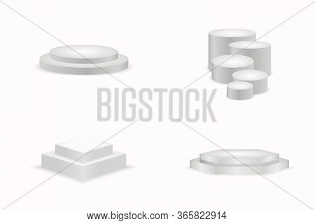 White Podiums. Round And Square 3d Empty Podium With Steps. Round And Square Empty Stages And Podium