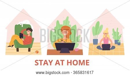 Stay At Home Vector Illustration, People Working On Laptop Computer At Home. Freelance, Work At Home