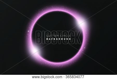 Glitter Pink Wave Neon Circle Ring Frame & Sparkle Flash Light Star Shimmer Vector On Black Backgrou